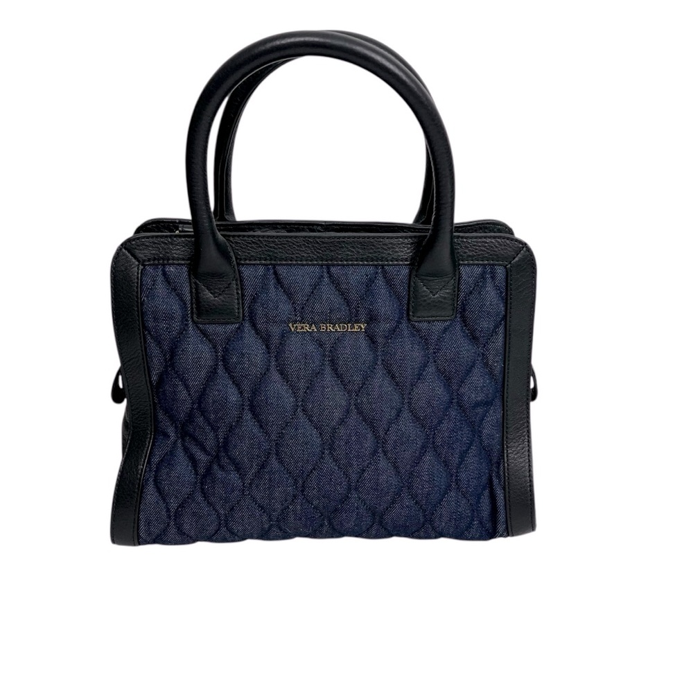 Vera Bradley Natalie Satchel Black Leather Blue Denim Gold Tone Hardware